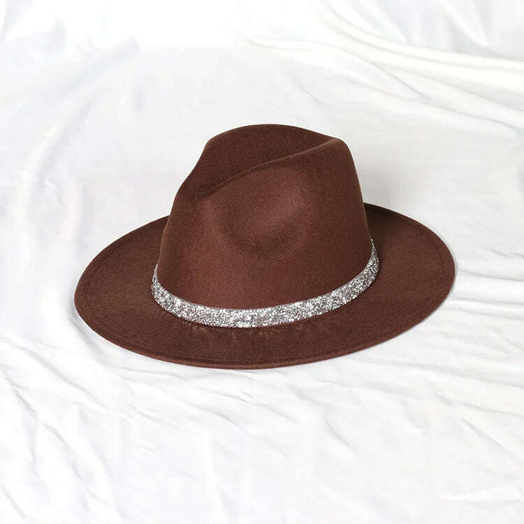 Sky Blue Diamond Band Wool Fedora Hats For Women Jazz Cap Belt Unisex Colorful Fedoras Hat Fashion Church Hat Bucket Hats шапка - KIMLUD
