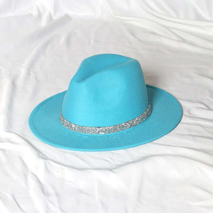 Sky Blue Diamond Band Wool Fedora Hats For Women Jazz Cap Belt Unisex Colorful Fedoras Hat Fashion Church Hat Bucket Hats шапка - KIMLUD