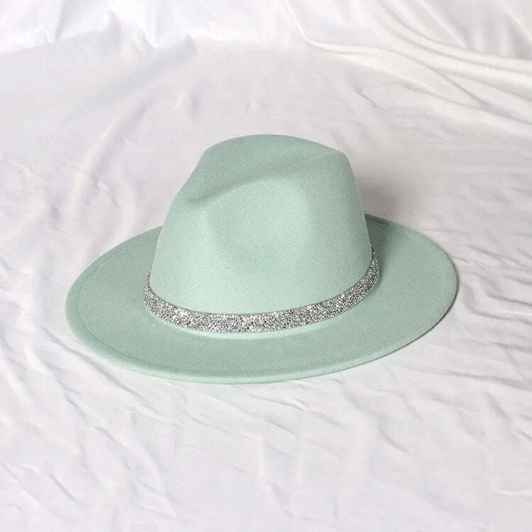 Sky Blue Diamond Band Wool Fedora Hats For Women Jazz Cap Belt Unisex Colorful Fedoras Hat Fashion Church Hat Bucket Hats шапка - KIMLUD