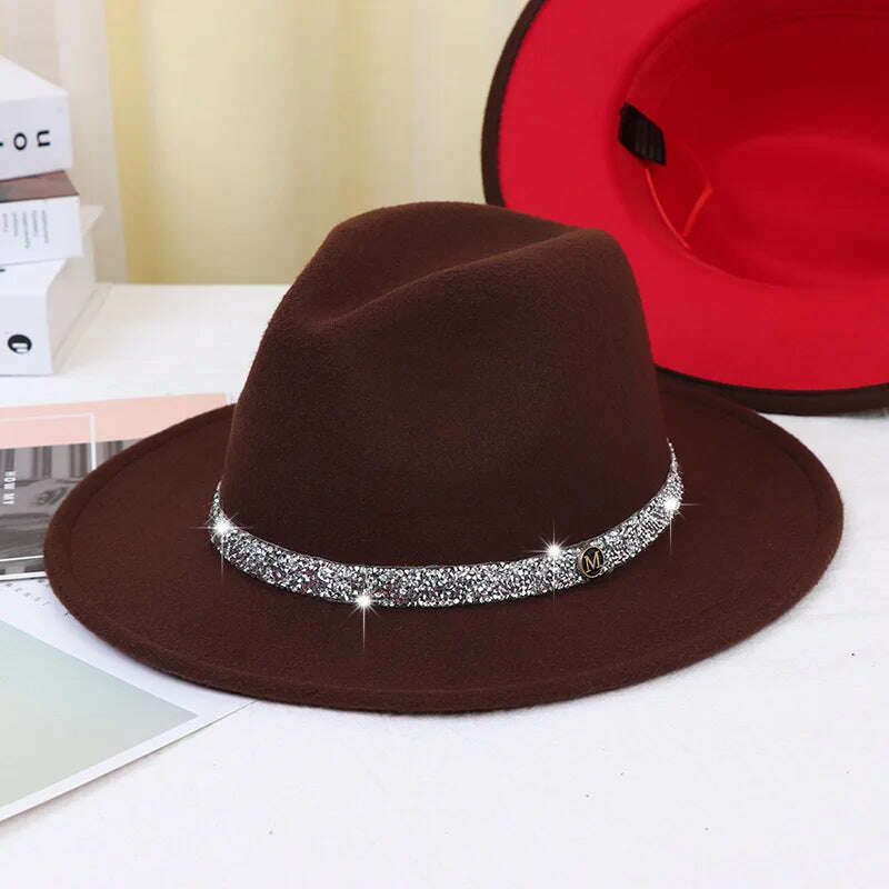 Sky Blue Diamond Band Wool Fedora Hats For Women Jazz Cap Belt Unisex Colorful Fedoras Hat Fashion Church Hat Bucket Hats шапка - KIMLUD