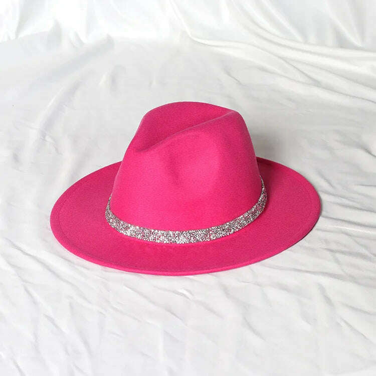 Sky Blue Diamond Band Wool Fedora Hats For Women Jazz Cap Belt Unisex Colorful Fedoras Hat Fashion Church Hat Bucket Hats шапка - KIMLUD