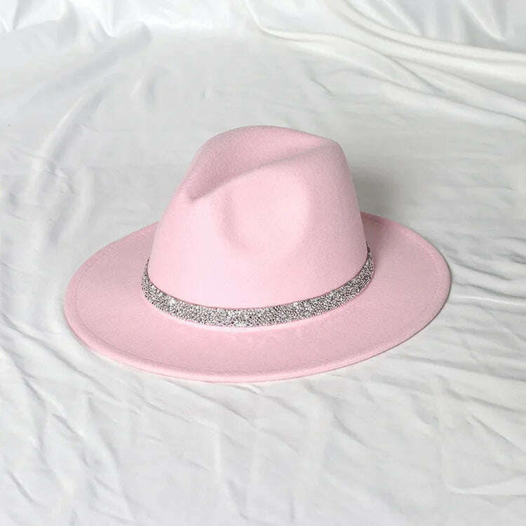 Sky Blue Diamond Band Wool Fedora Hats For Women Jazz Cap Belt Unisex Colorful Fedoras Hat Fashion Church Hat Bucket Hats шапка - KIMLUD