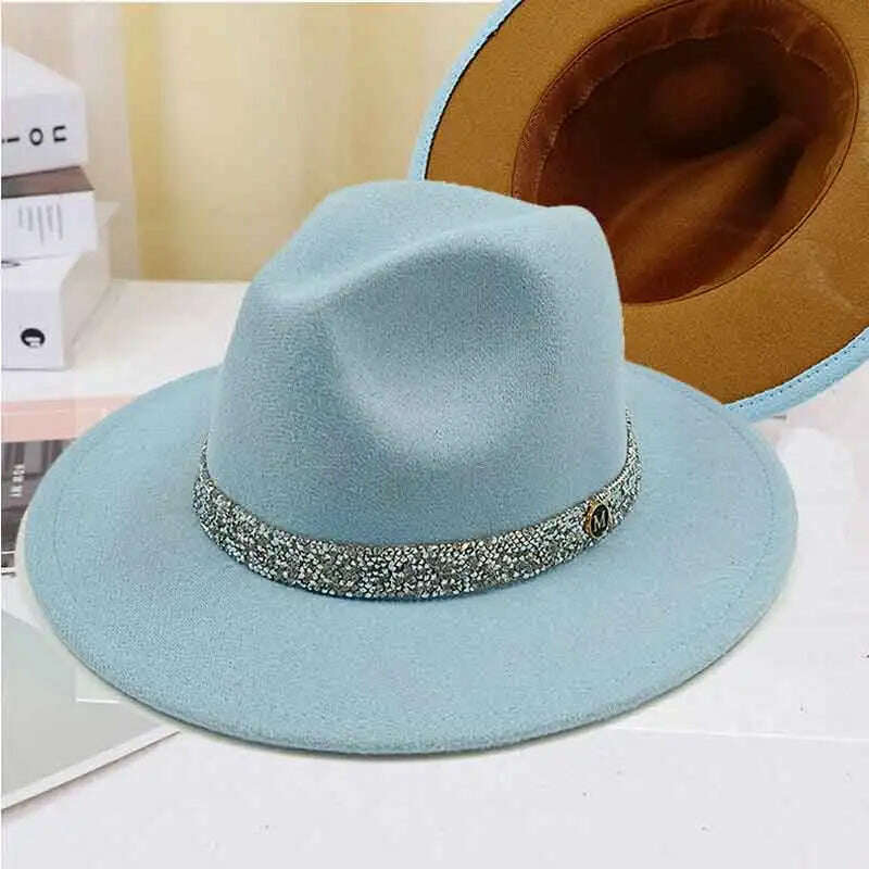 Sky Blue Diamond Band Wool Fedora Hats For Women Jazz Cap Belt Unisex Colorful Fedoras Hat Fashion Church Hat Bucket Hats шапка - KIMLUD