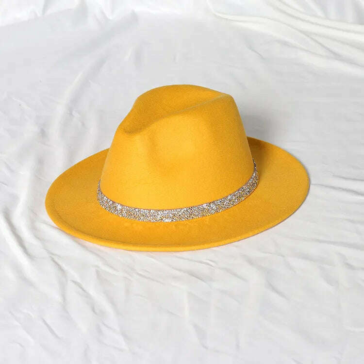 Sky Blue Diamond Band Wool Fedora Hats For Women Jazz Cap Belt Unisex Colorful Fedoras Hat Fashion Church Hat Bucket Hats шапка - KIMLUD