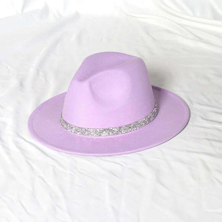 Sky Blue Diamond Band Wool Fedora Hats For Women Jazz Cap Belt Unisex Colorful Fedoras Hat Fashion Church Hat Bucket Hats шапка - KIMLUD