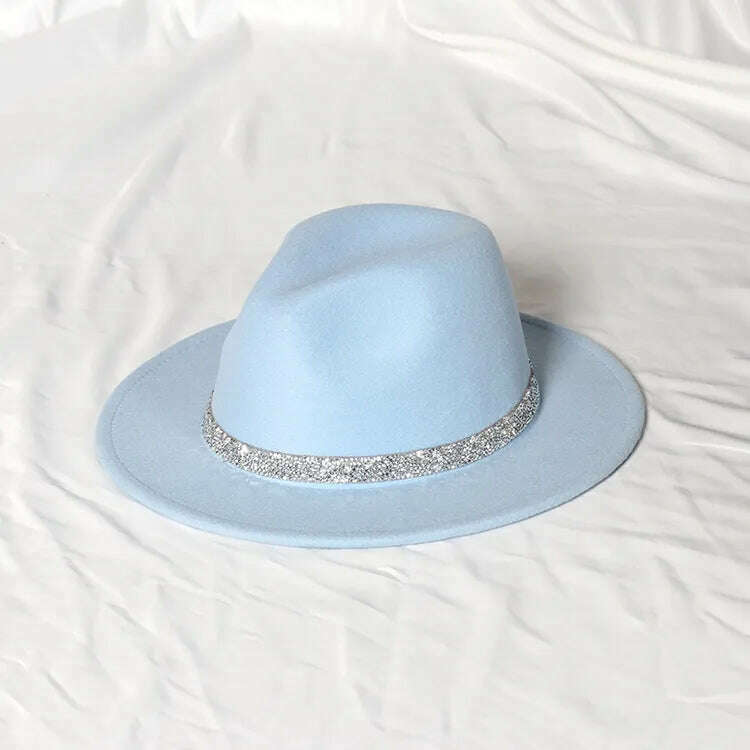 Sky Blue Diamond Band Wool Fedora Hats For Women Jazz Cap Belt Unisex Colorful Fedoras Hat Fashion Church Hat Bucket Hats шапка - KIMLUD