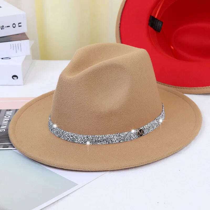 Sky Blue Diamond Band Wool Fedora Hats For Women Jazz Cap Belt Unisex Colorful Fedoras Hat Fashion Church Hat Bucket Hats шапка - KIMLUD