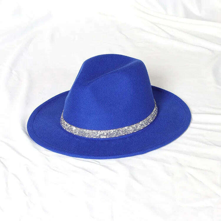Sky Blue Diamond Band Wool Fedora Hats For Women Jazz Cap Belt Unisex Colorful Fedoras Hat Fashion Church Hat Bucket Hats шапка - KIMLUD