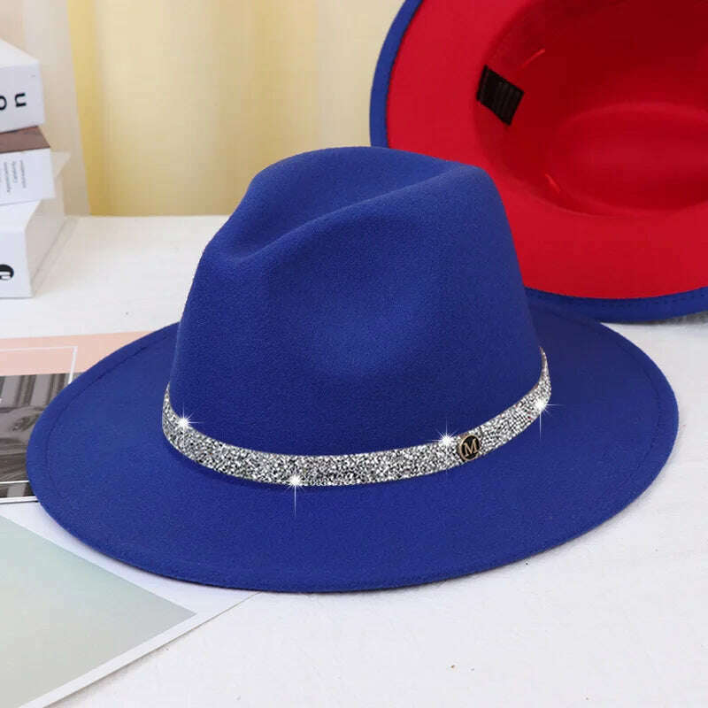 Sky Blue Diamond Band Wool Fedora Hats For Women Jazz Cap Belt Unisex Colorful Fedoras Hat Fashion Church Hat Bucket Hats шапка - KIMLUD