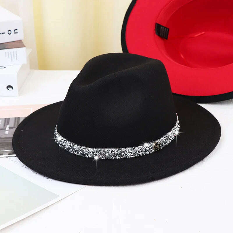Sky Blue Diamond Band Wool Fedora Hats For Women Jazz Cap Belt Unisex Colorful Fedoras Hat Fashion Church Hat Bucket Hats шапка - KIMLUD