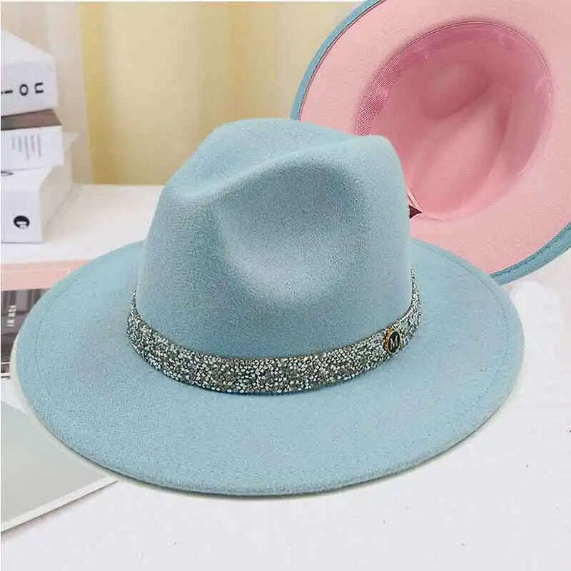 Sky Blue Diamond Band Wool Fedora Hats For Women Jazz Cap Belt Unisex Colorful Fedoras Hat Fashion Church Hat Bucket Hats шапка - KIMLUD