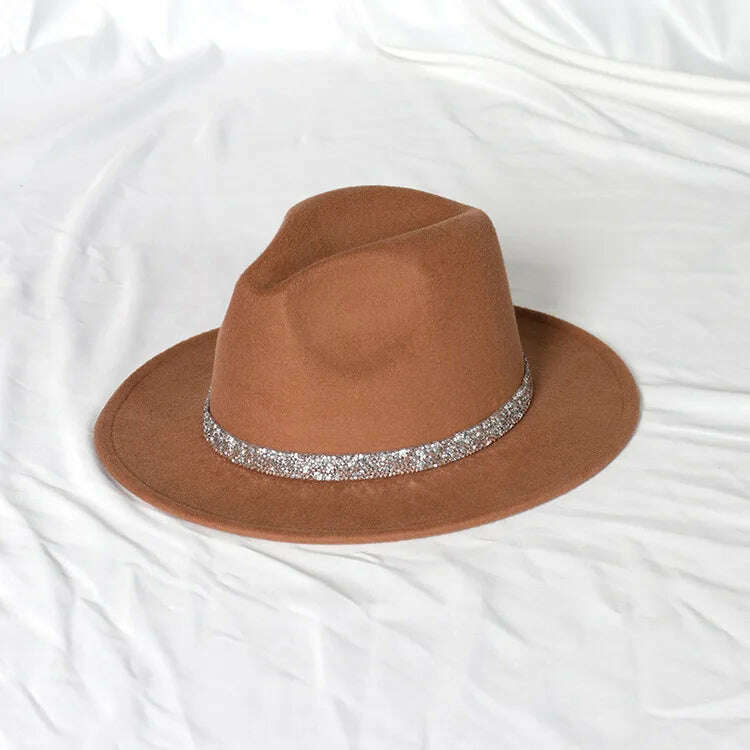 Sky Blue Diamond Band Wool Fedora Hats For Women Jazz Cap Belt Unisex Colorful Fedoras Hat Fashion Church Hat Bucket Hats шапка - KIMLUD