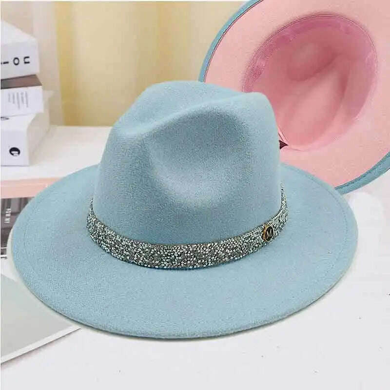 Sky Blue Diamond Band Wool Fedora Hats For Women Jazz Cap Belt Unisex Colorful Fedoras Hat Fashion Church Hat Bucket Hats шапка - KIMLUD