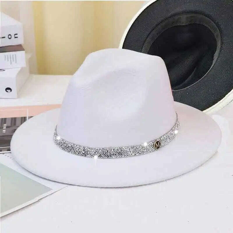 Sky Blue Diamond Band Wool Fedora Hats For Women Jazz Cap Belt Unisex Colorful Fedoras Hat Fashion Church Hat Bucket Hats шапка - KIMLUD
