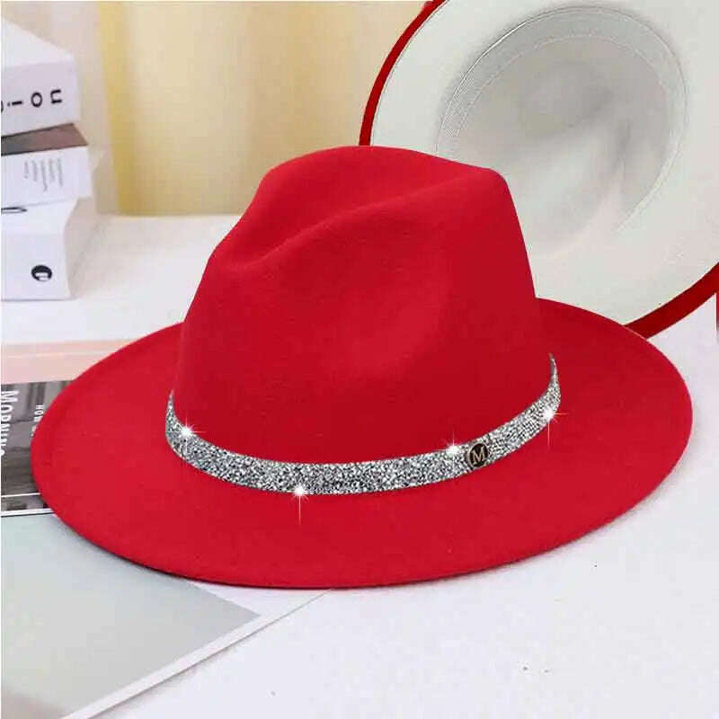 Sky Blue Diamond Band Wool Fedora Hats For Women Jazz Cap Belt Unisex Colorful Fedoras Hat Fashion Church Hat Bucket Hats шапка - KIMLUD