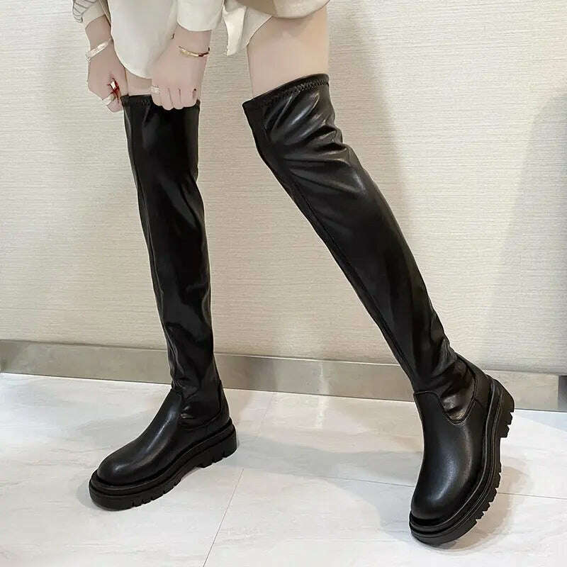 KIMLUD, Slim Flat Thigh High Boots Platform Women Slim Thick Sole Over The Knee Boots Women Shoes Black Winter Long Boots Women, KIMLUD Womens Clothes