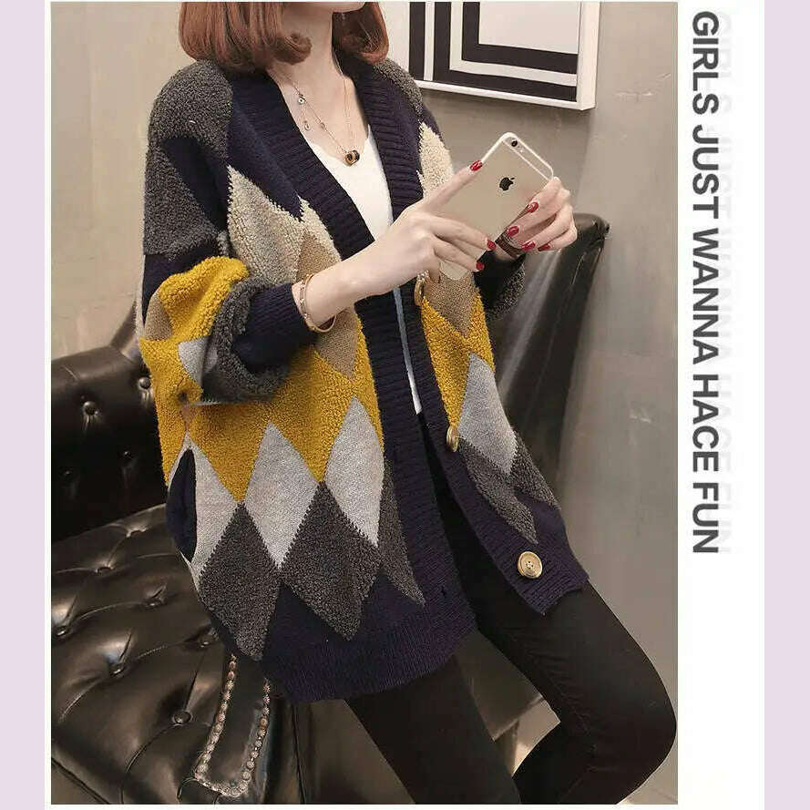KIMLUD, Slouchy Style Sweater Women's Cardigan Loose Autumn and Winter Korean 2023 New Style Outerwear Knitted Jacket Medium Length, KIMLUD Womens Clothes