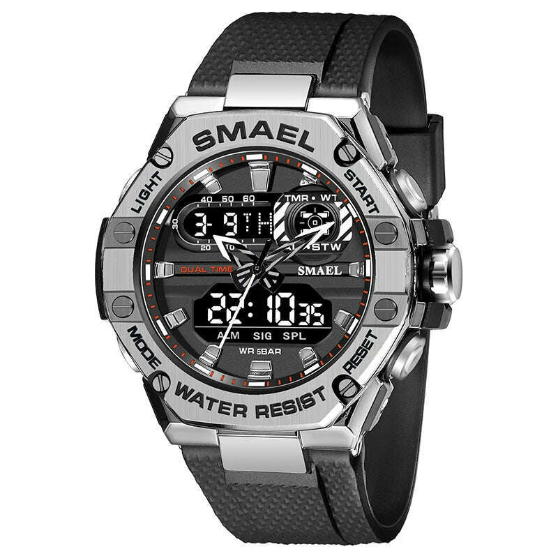 KIMLUD, SMAEL Sport Watch for Man Dual Time Watch for Men Led Light Watch Alarm 8066 Fashion Sport Watches Military S Shiock Wristwatch, SILVER / China, KIMLUD APPAREL - Womens Clothes