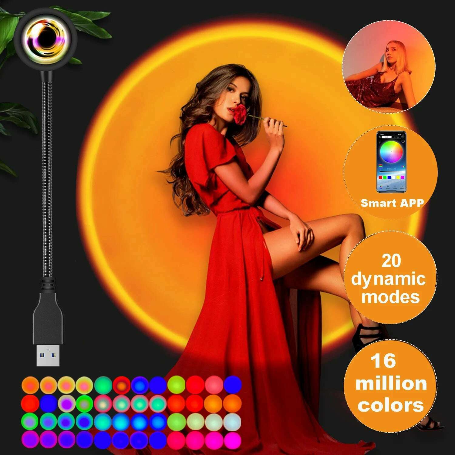 KIMLUD, Smart APP Control 16 Million Color Sunset Ranibow Lamp Led Projector Home Decoration Photography Background Night Light, KIMLUD Womens Clothes