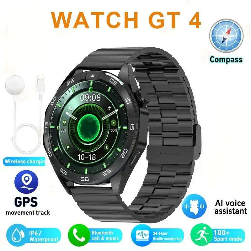 KIMLUD, Smart Watch GT4 Heart Rate Sleep Health Monitor Bluetooth Call NFC Smartwatch Men Women GPS Track Tracking For Android IOS 2024, Black Steel, KIMLUD APPAREL - Womens Clothes
