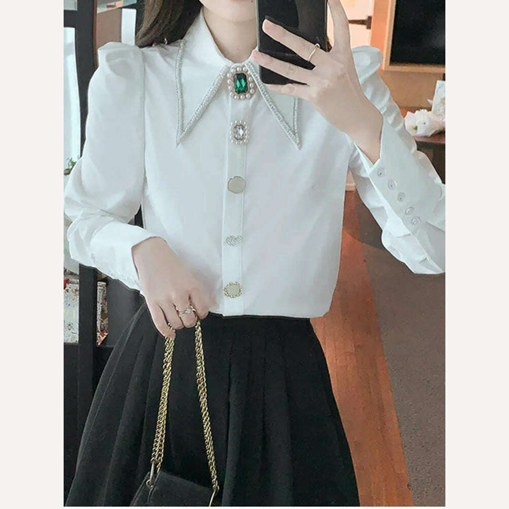 KIMLUD, SMTHMA New Autumn Luxury Beaded Diamond Blouse Shirt For Women's Long Sleeve Versatile White Elegant Top, KIMLUD Womens Clothes