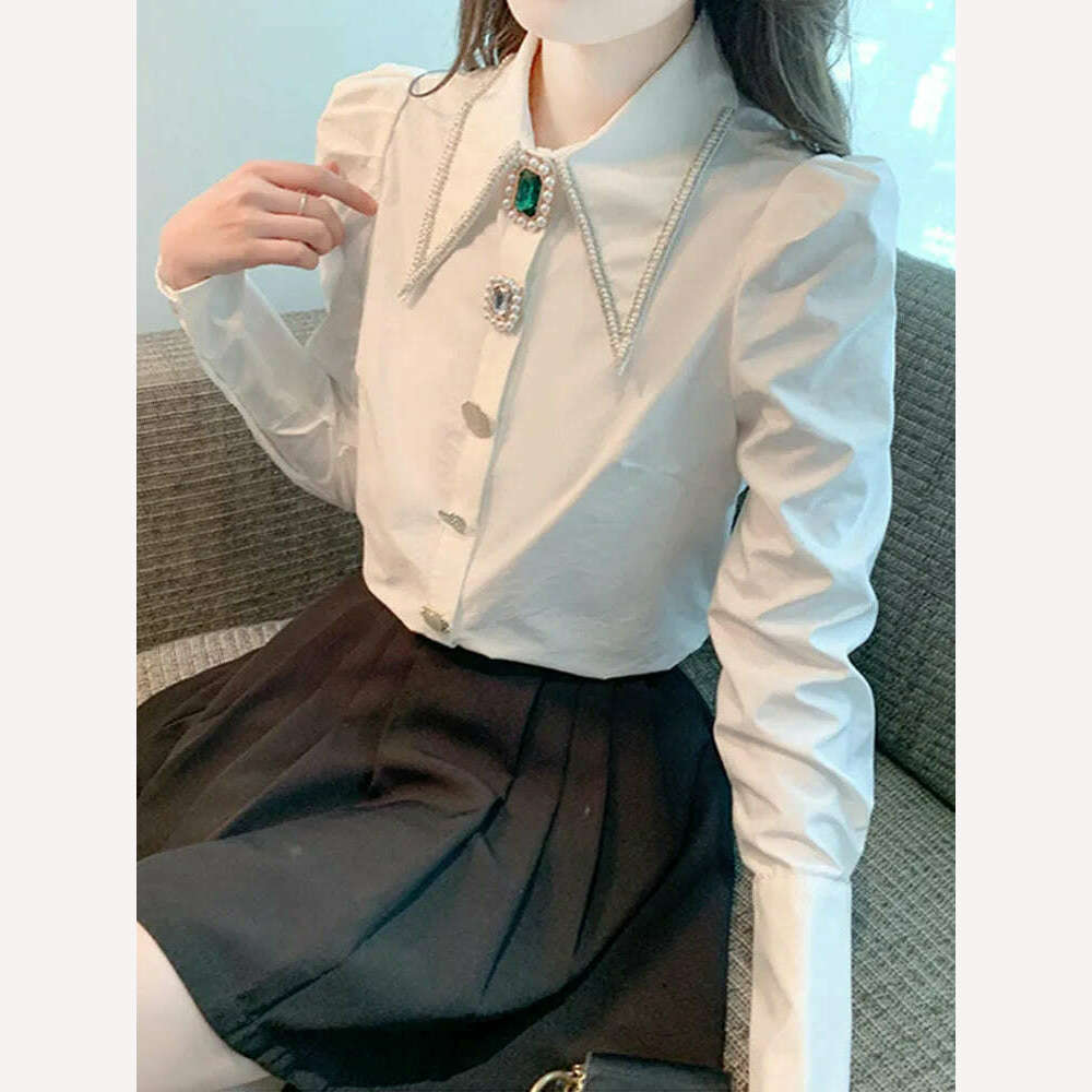 KIMLUD, SMTHMA New Autumn Luxury Beaded Diamond Blouse Shirt For Women's Long Sleeve Versatile White Elegant Top, KIMLUD Womens Clothes