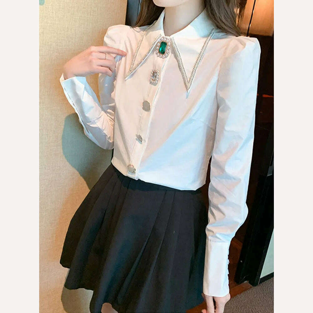 KIMLUD, SMTHMA New Autumn Luxury Beaded Diamond Blouse Shirt For Women's Long Sleeve Versatile White Elegant Top, KIMLUD Womens Clothes