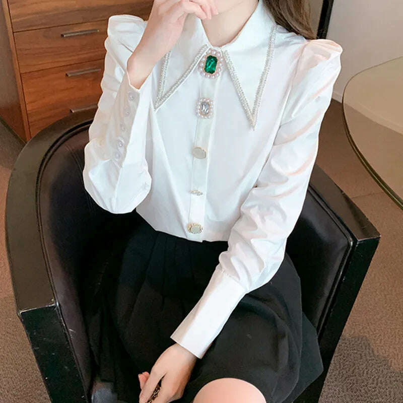 KIMLUD, SMTHMA New Autumn Luxury Beaded Diamond Blouse Shirt For Women's Long Sleeve Versatile White Elegant Top, Photo Color / S, KIMLUD APPAREL - Womens Clothes