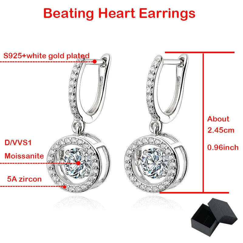 Smyoue White Gold Plated 0.5/1CT Moissanite Drop Earring for Women Sparkling Beating Heart Earring S925 Sterling Silver Jewelry - KIMLUD