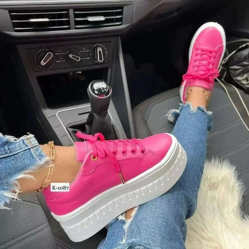 KIMLUD, Sneakers 2023 Trend Fashion Breathable Leather Wedge Vulcanized Shoes Design Casual Walking Comfort Fall Platform Women's Shoes, rose Red / 35, KIMLUD APPAREL - Womens Clothes