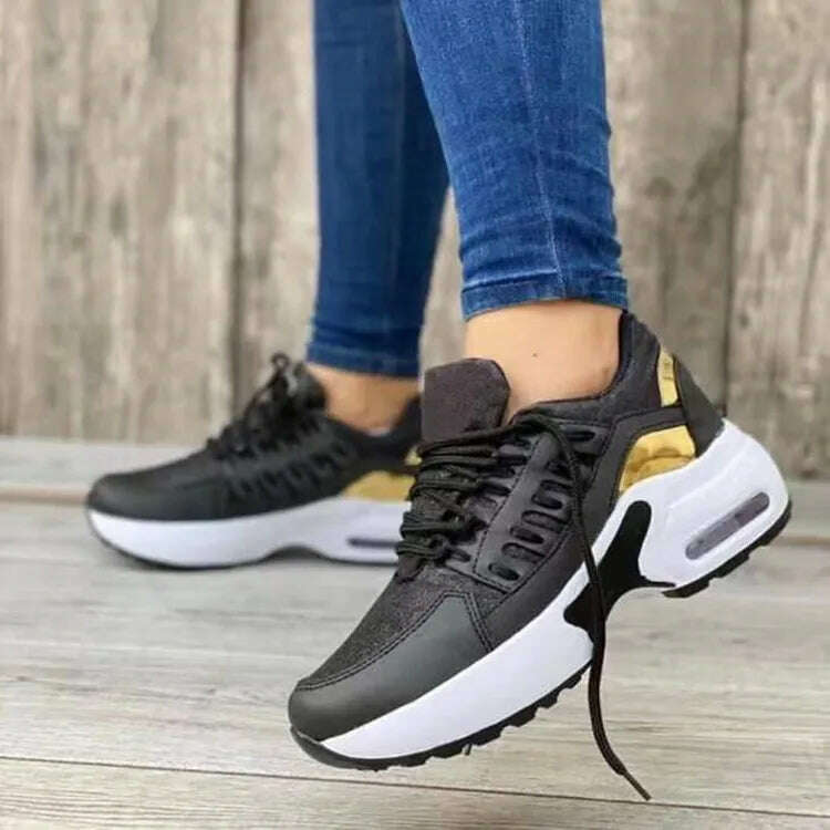 KIMLUD, Sneakers Women Luxury Spring Autumn New Lace Up Wedge Platform Sneakers 2023 Outdoor Fashion Air Cushion Casual Running Zapatos, Black / 35, KIMLUD Womens Clothes