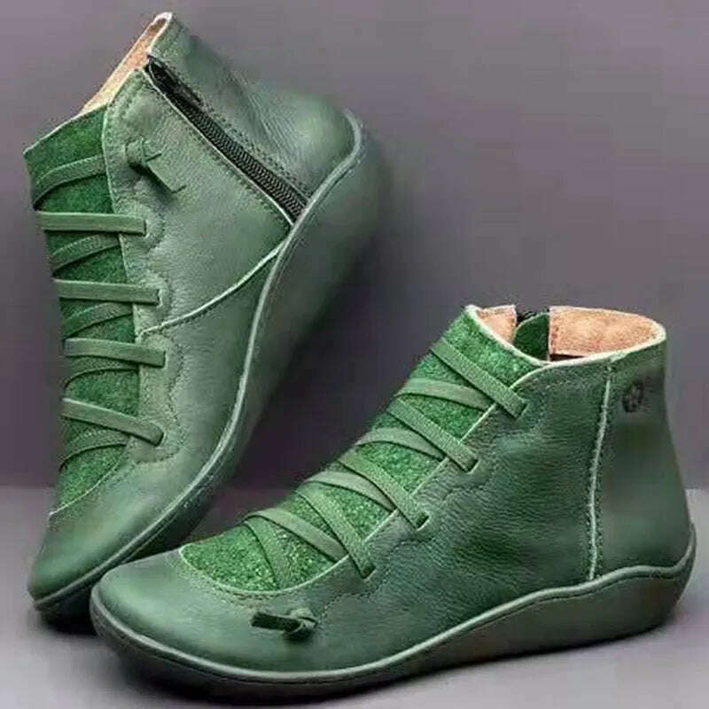 KIMLUD, Snow Boots Women Winter Genuine leather Ankle Spring flat Shoes woman Short Vintage Boots With Fur 2022 for women lace up boots, Green / 35, KIMLUD APPAREL - Womens Clothes