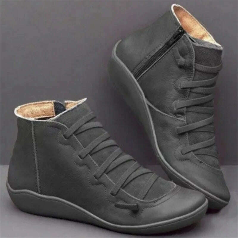 KIMLUD, Snow Boots Women Winter Genuine leather Ankle Spring flat Shoes woman Short Vintage Boots With Fur 2022 for women lace up boots, Gray / 35, KIMLUD APPAREL - Womens Clothes