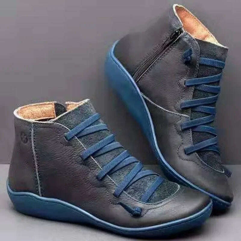 KIMLUD, Snow Boots Women Winter Genuine leather Ankle Spring flat Shoes woman Short Vintage Boots With Fur 2022 for women lace up boots, Blue / 35, KIMLUD APPAREL - Womens Clothes
