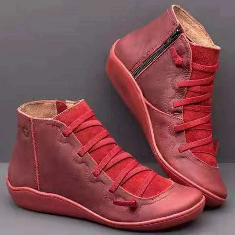 KIMLUD, Snow Boots Women Winter Genuine leather Ankle Spring flat Shoes woman Short Vintage Boots With Fur 2022 for women lace up boots, Red / 35, KIMLUD APPAREL - Womens Clothes