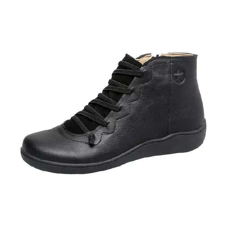 KIMLUD, Snow Boots Women Winter Genuine leather Ankle Spring flat Shoes woman Short Vintage Boots With Fur 2022 for women lace up boots, Black / 35, KIMLUD APPAREL - Womens Clothes