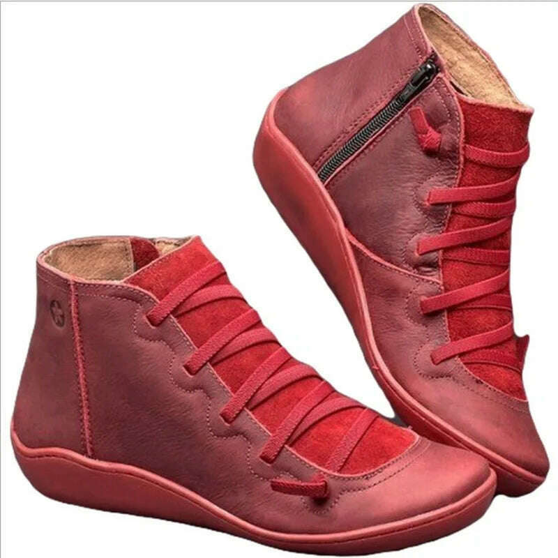 KIMLUD, Snow Boots Women Winter Genuine leather Ankle Spring flat Shoes woman Short Vintage Boots With Fur 2022 for women lace up boots, KIMLUD Womens Clothes