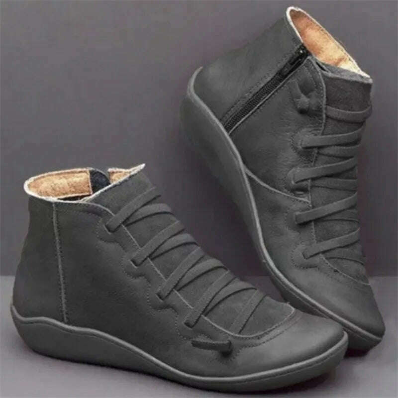 KIMLUD, Snow Boots Women Winter Genuine leather Ankle Spring flat Shoes woman Short Vintage Boots With Fur 2022 for women lace up boots, KIMLUD Womens Clothes