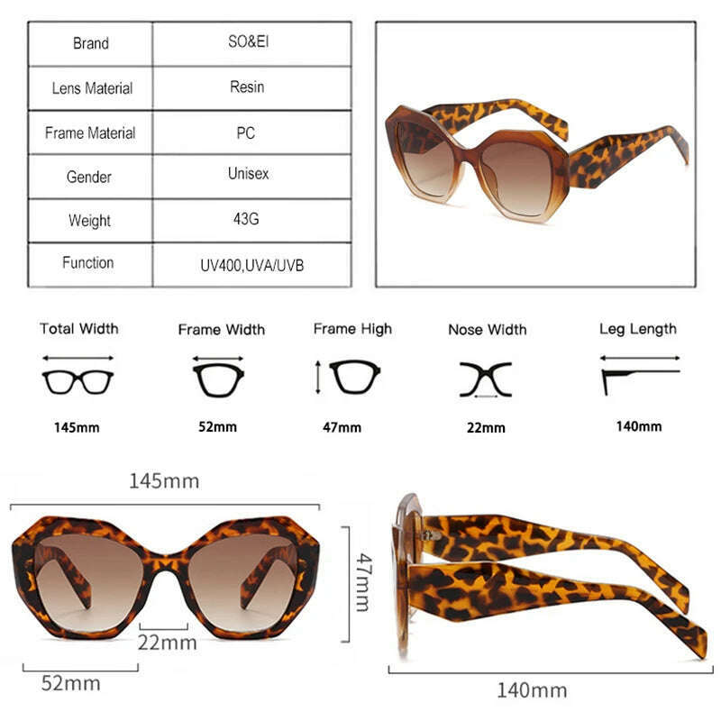 SO&EI Fashion Oversized Polygon Cat Eye Sunglasses Women Retro Colorful Leopard Shades UV400 Men Gradient Sun Glasses - KIMLUD