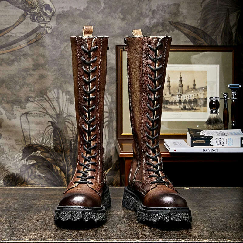 KIMLUD, Soft Cowhide Men's Boots High Boots Knight Boots Platform Men's Shoes Vintage Brown Lace-up Genuine Leather Coloring, KIMLUD Womens Clothes