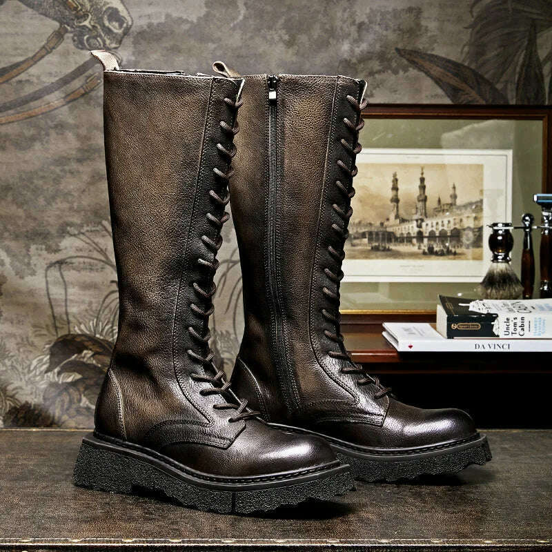 KIMLUD, Soft Cowhide Men's Boots High Boots Knight Boots Platform Men's Shoes Vintage Brown Lace-up Genuine Leather Coloring, KIMLUD Womens Clothes