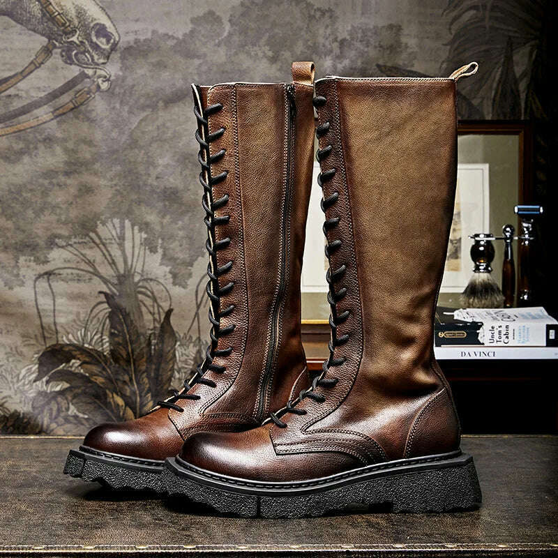 KIMLUD, Soft Cowhide Men's Boots High Boots Knight Boots Platform Men's Shoes Vintage Brown Lace-up Genuine Leather Coloring, Brown / 38, KIMLUD APPAREL - Womens Clothes