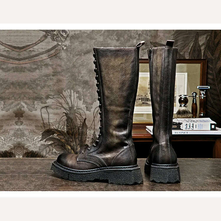 KIMLUD, Soft Cowhide Men's Boots High Boots Knight Boots Platform Men's Shoes Vintage Brown Lace-up Genuine Leather Coloring, KIMLUD Womens Clothes