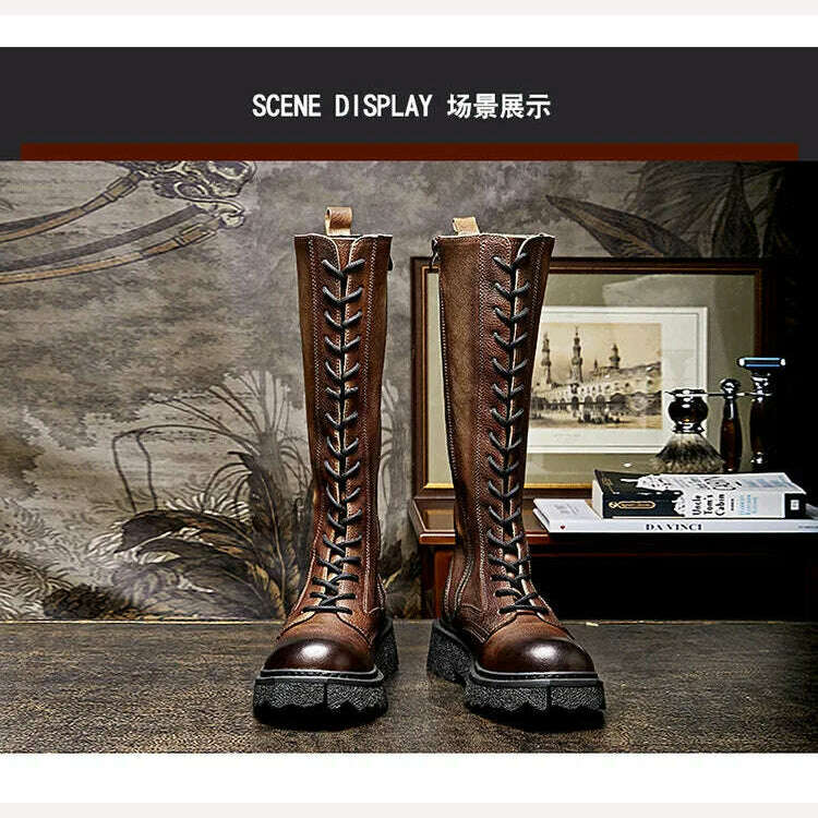 KIMLUD, Soft Cowhide Men's Boots High Boots Knight Boots Platform Men's Shoes Vintage Brown Lace-up Genuine Leather Coloring, KIMLUD Womens Clothes