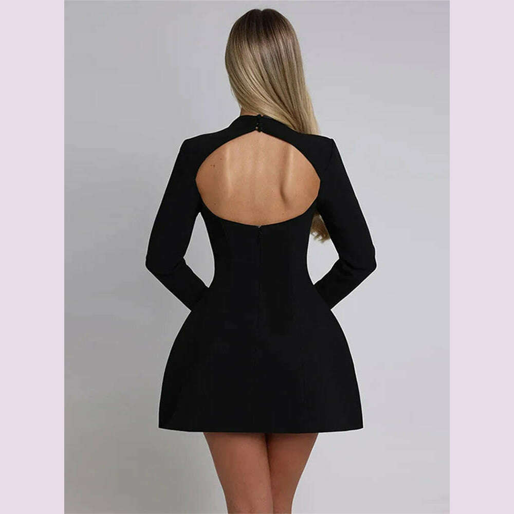 KIMLUD, Solid Backless Dress Women Elegant Half High Collar Long Sleeve High Waist Female A Line Dresses Ladies Party Club Evening Gowns, KIMLUD Womens Clothes