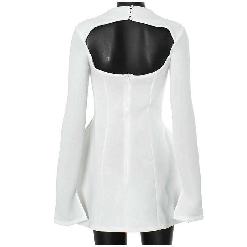 KIMLUD, Solid Backless Dress Women Elegant Half High Collar Long Sleeve High Waist Female A Line Dresses Ladies Party Club Evening Gowns, KIMLUD Womens Clothes