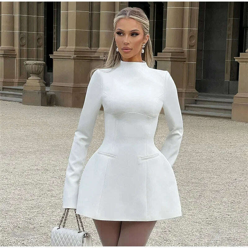 KIMLUD, Solid Backless Dress Women Elegant Half High Collar Long Sleeve High Waist Female A Line Dresses Ladies Party Club Evening Gowns, KIMLUD Womens Clothes