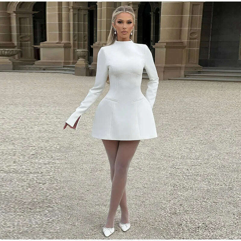 KIMLUD, Solid Backless Dress Women Elegant Half High Collar Long Sleeve High Waist Female A Line Dresses Ladies Party Club Evening Gowns, KIMLUD Womens Clothes