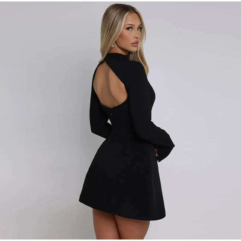 KIMLUD, Solid Backless Dress Women Elegant Half High Collar Long Sleeve High Waist Female A Line Dresses Ladies Party Club Evening Gowns, KIMLUD Womens Clothes
