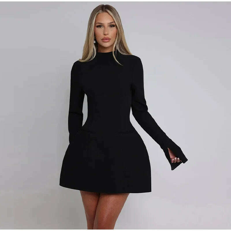 KIMLUD, Solid Backless Dress Women Elegant Half High Collar Long Sleeve High Waist Female A Line Dresses Ladies Party Club Evening Gowns, KIMLUD Womens Clothes